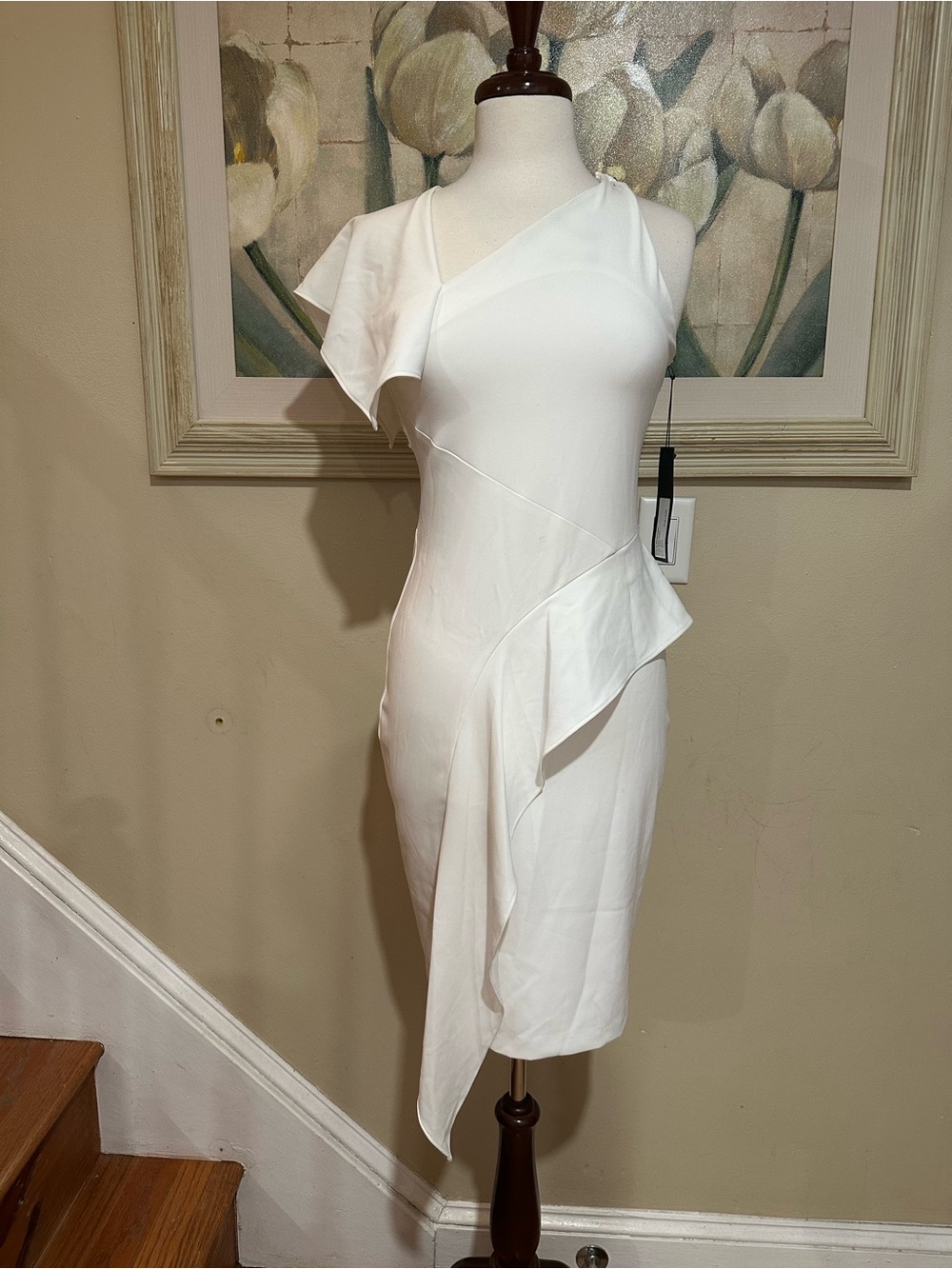 Parker Black Label 0 Shara Periwinkle White Sleeveless Ruffle Midi Sheath Dress